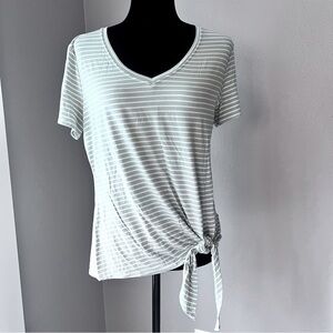 NWT Matty M short sleeve V neck side tie Tshirt light olive and white striped